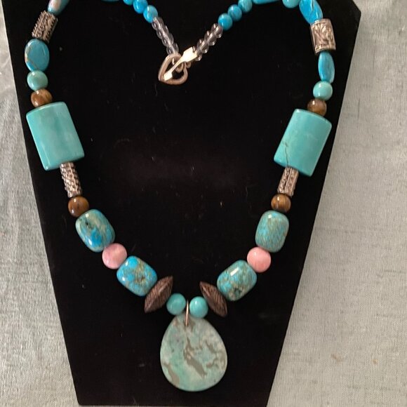 Huge Chunky Turquoise Slab Necklace Statement Boho Western Heart Clasp Gift - Picture 1 of 4